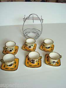 13 pc tea cup set 6 cups 6 plates with 1 chrome rack  
