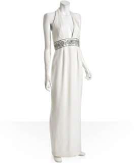 Notte by Marchesa white silk embellished waist halter gown   