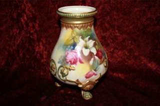 Antique Royal Worcester Trifooted H/ Painted Vase C1901  