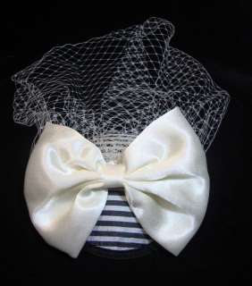 Cute Black and White Striped Hat Large Bow White Veil Alligator Clips