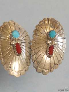   TRIBAL STERLING SILVER TURQUOISE RED CORAL CONCHO EARRINGS  