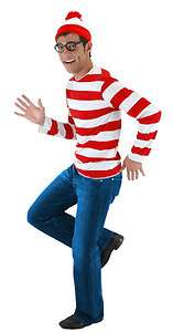  mens Wheres WALDO kit red stripe glasses hat mens costume S/M  
