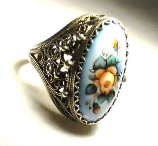 RARE Russian Ring Silver Filigree Floral Finift Enamel 70s Handmade 