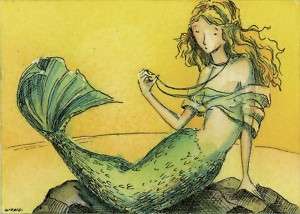 ACEO PRINT   Bored Mermaid   mermaid, rocks, ocean  