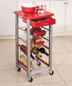 Rolling Red Kitchen Utility Cart Wine Rack Vegetable Basket Bins Tool 