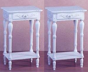   CARVED WHITE SHABBY WOOD SIDE END NIGHTSTAND TABLE W/ DRAWER & SHELF
