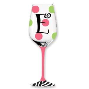    Pink/Green Polka Dot/Zebra Wine Monogram Glass E