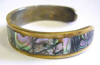 VINTAGE MEXICO SILVER ABALONE SHELL TILES CUFF BRACELET  