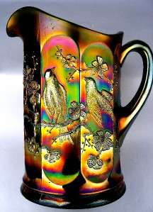 SINGING BIRDS ~ GORGEOUS NORTHWOOD GREEN CARNIVAL GLASS WATER PITCHER 