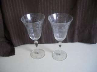 Pair of Etched Cordial Stemware Floral Panel Design  