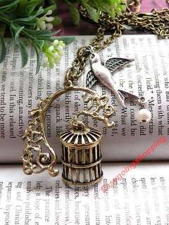 retro copper birdcage silver swallow bird bead necklace  