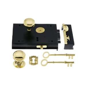 Cast Iron Carpenter Rim Lock Set With Brass Door Knobs and Escutcheons 