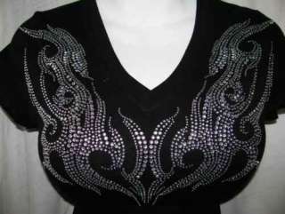 WICKED RHINESTONE BLACK FLAME TRIBAL SCROLL V NECK GRAPHIC T SHIRT TOP 