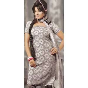 Gray Salwar Kameez Suit with Self Weave and Printed Flowers   Crepe