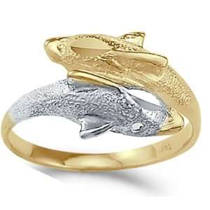  Swim Two Dolphin Ring 14k Yellow White Gold Band, Size 5 
