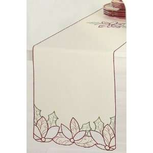  Ivory Embroidered Poinsettia Christmas Table Runner   72 