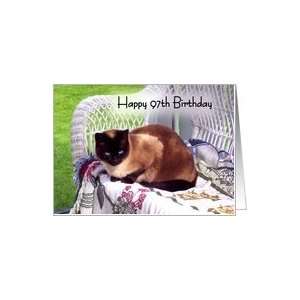   97th Birthday, Siamese cat on white wicker chair Card Toys & Games
